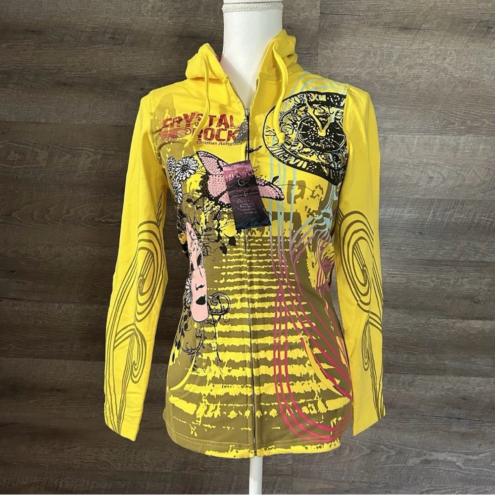 Crystal Rock Christian  Audigier  Platinum‎ Foil/Rhinestone Hoodie Size S  NWT